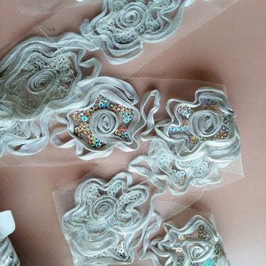 Silver Rose Lace Trim With Silver Sequins, Approx. 65mm Wide - 200317L141